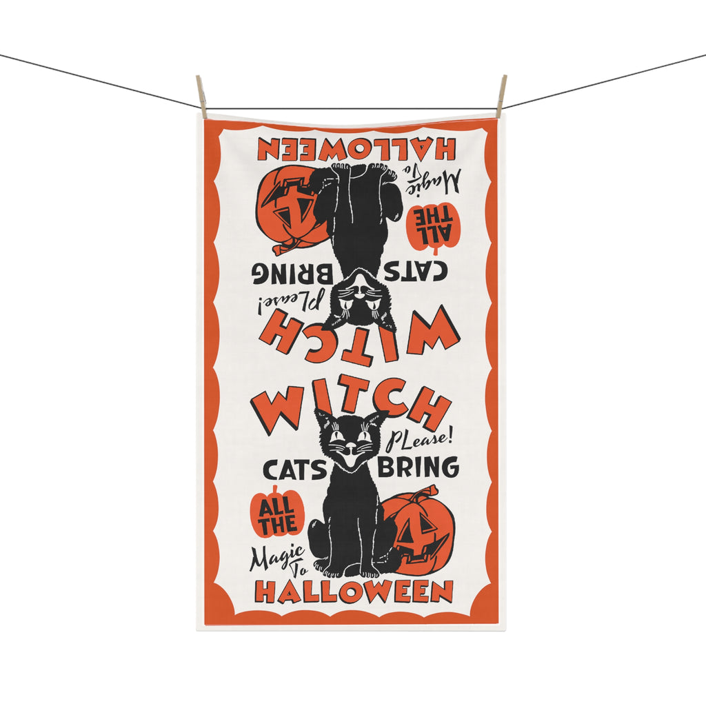 Retro Black Cat Cute Halloween Kitchen Tea Towel Cotton Twill 18" × 30"