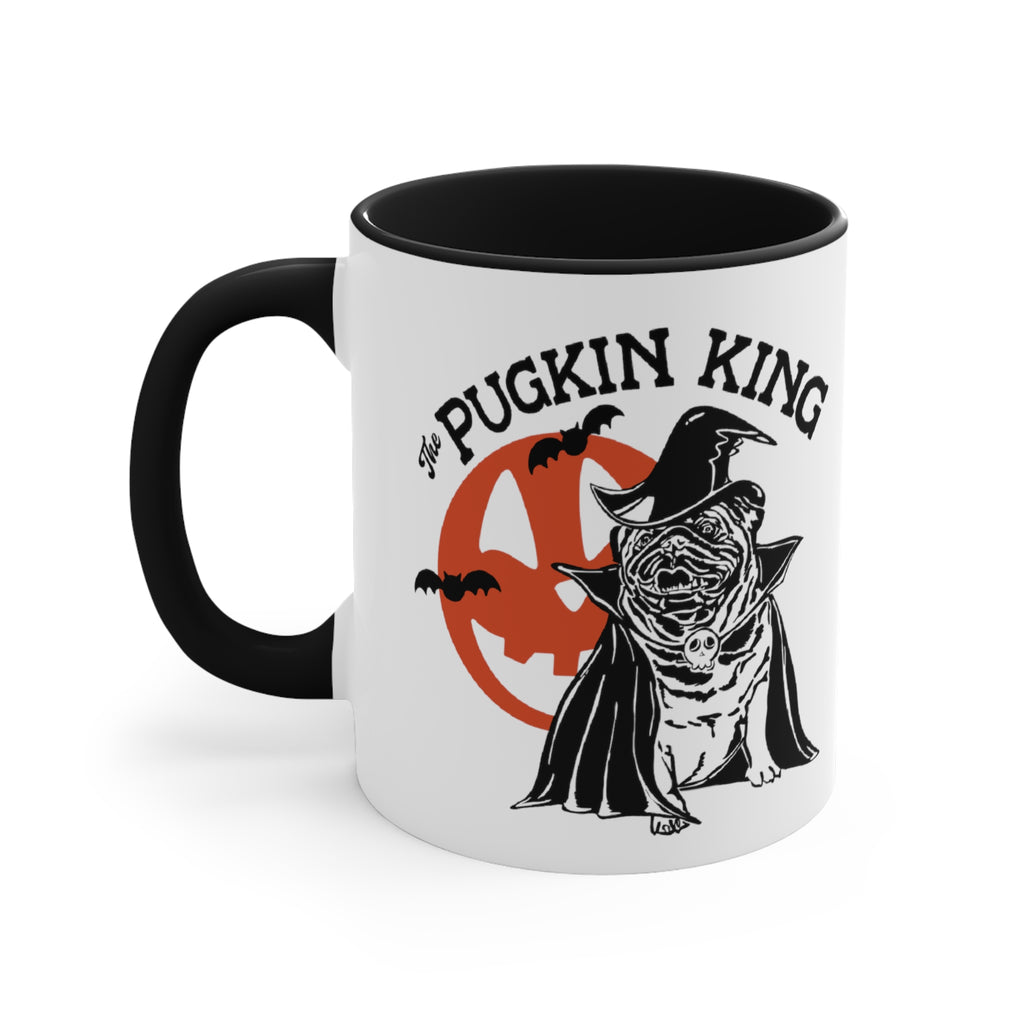 Pugkin King Latte Halloween Black Accent White Ceramic Coffee Mug, 11oz. Black 11oz