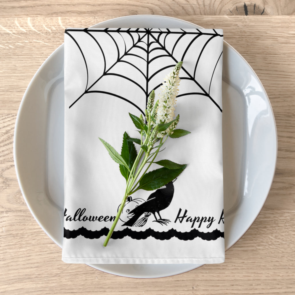 Happy Halloween Retro Black & White Crow and Pumpkin Fabric Napkins - Set of 4
