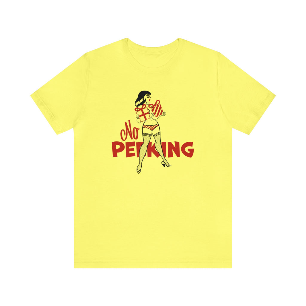 No Peeking - Pinup Christmas Mens Cream Cotton T-shirt Yellow