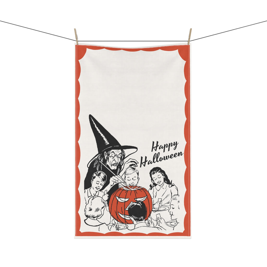 Happy Halloween Retro Classic Witch 1950s Kitchen Tea Towel Cotton Twill 18" × 30"