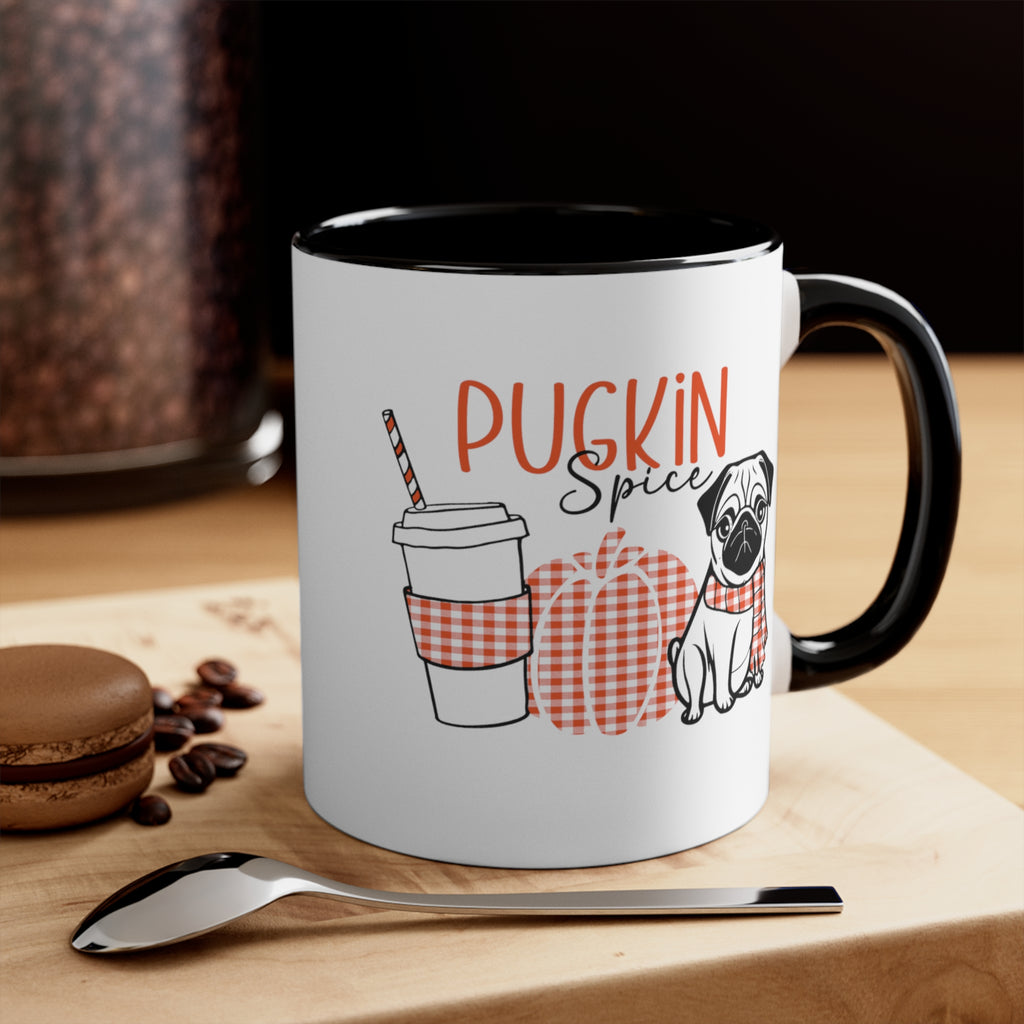 Pugkin Spice Latte Halloween Fall Black Accent White Ceramic Coffee Mug, 11oz.