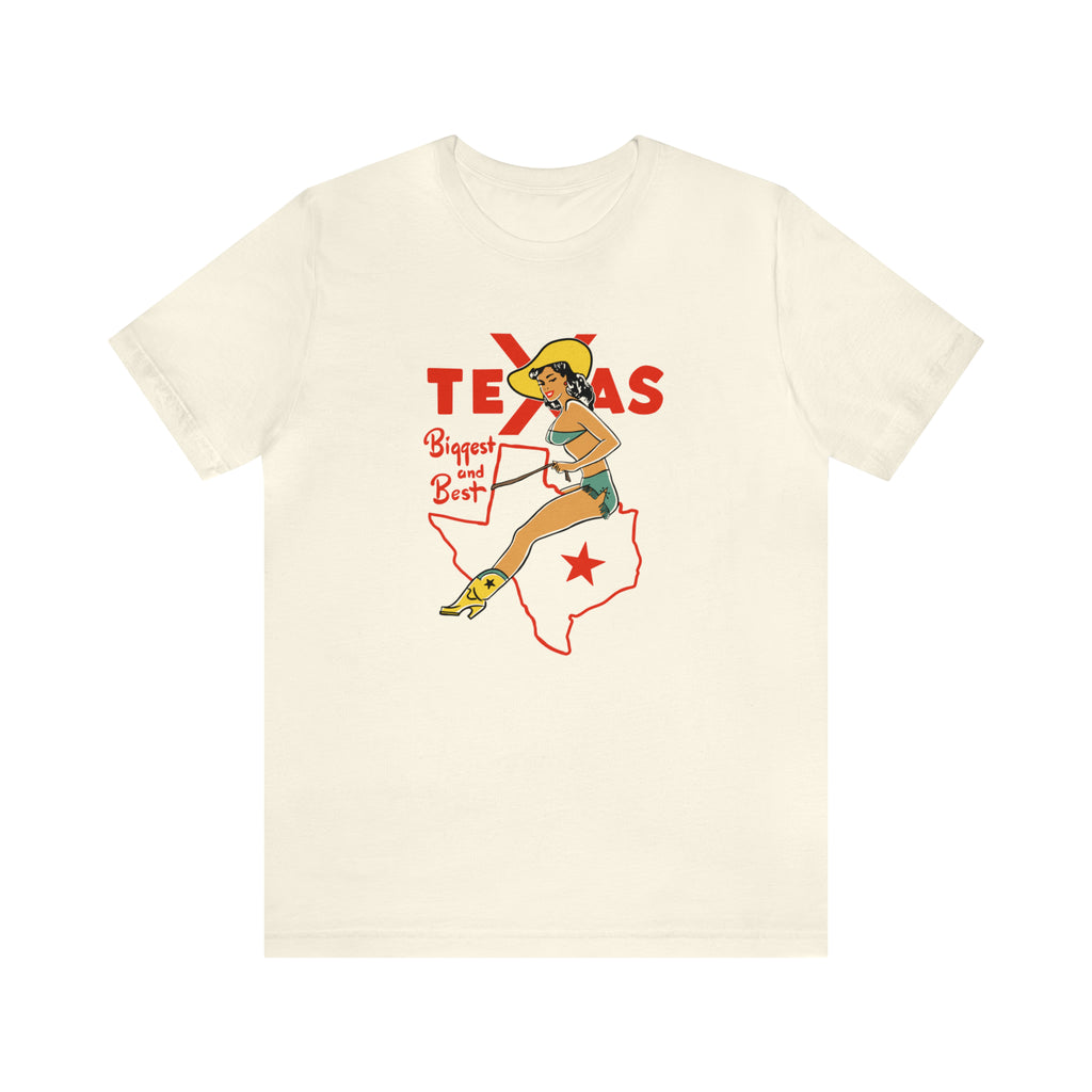 Biggest and Best in Texas Cowgirl Pin-Up Mens Premium Cream Cotton T-Shirt Natural