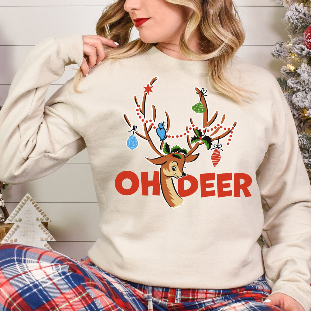 Oh Deer Reindeer Christmas- Women's Unisex Sweatshirt Sand