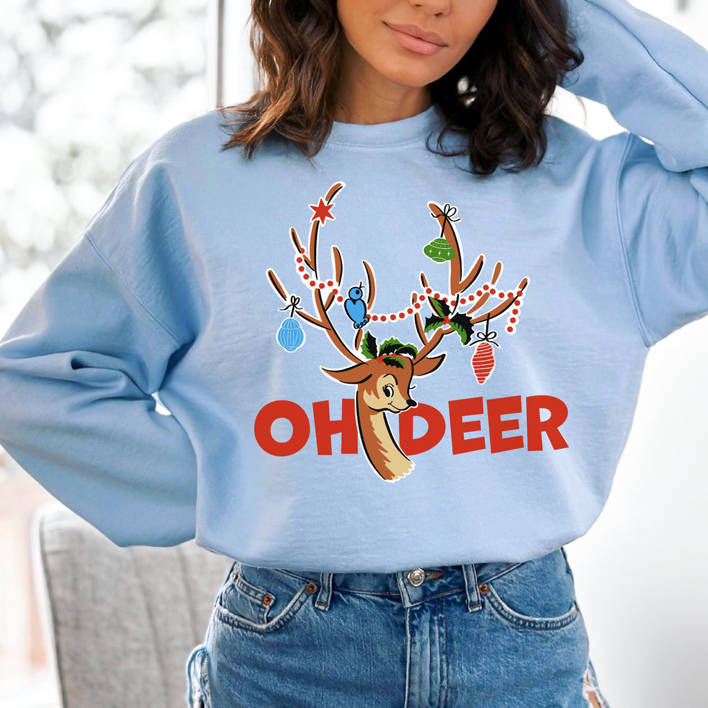 Oh Deer Reindeer Christmas- Women's Unisex Sweatshirt Light Blue