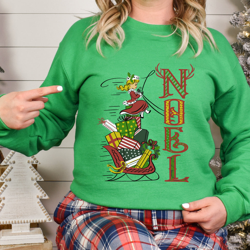 Retro Girl Noel Christmas Sleigh Women's Unisex Sweatshirt Irish Green