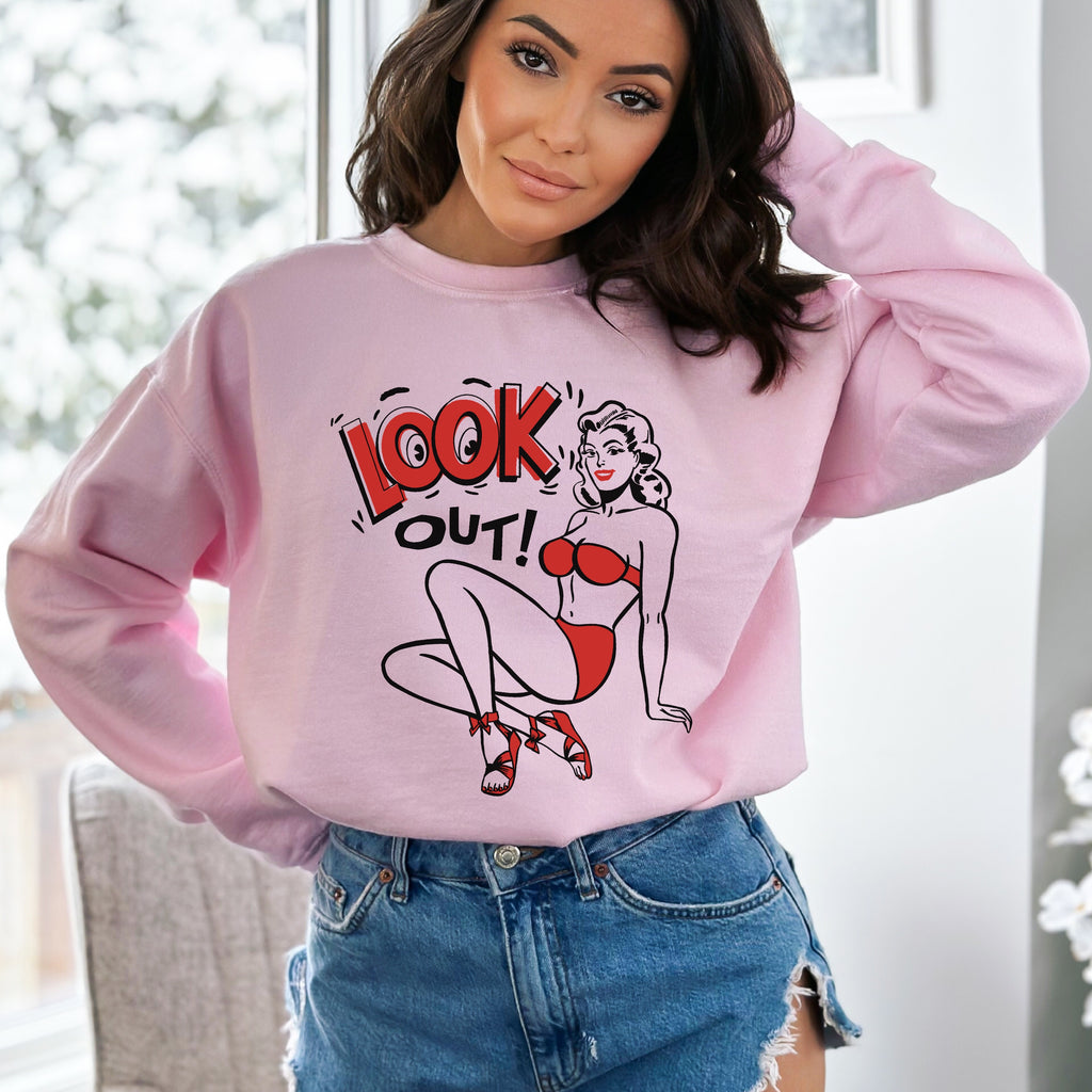 Look Out Pinup Unisex Crewneck Sweatshirts in 5 Assorted Colors Light Pink