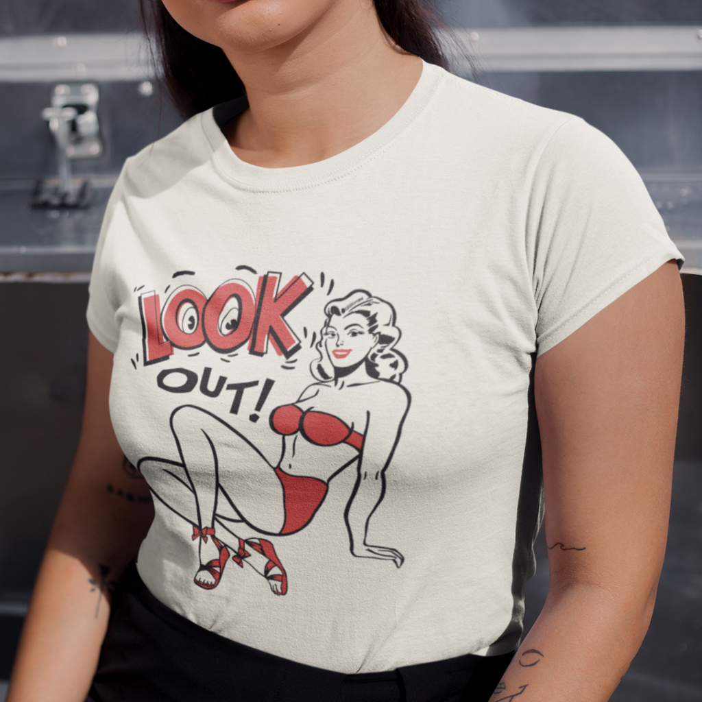 Look Out! Pinup Ladies T-shirt Premium Cream Cotton in 5 Assorted Light Colors