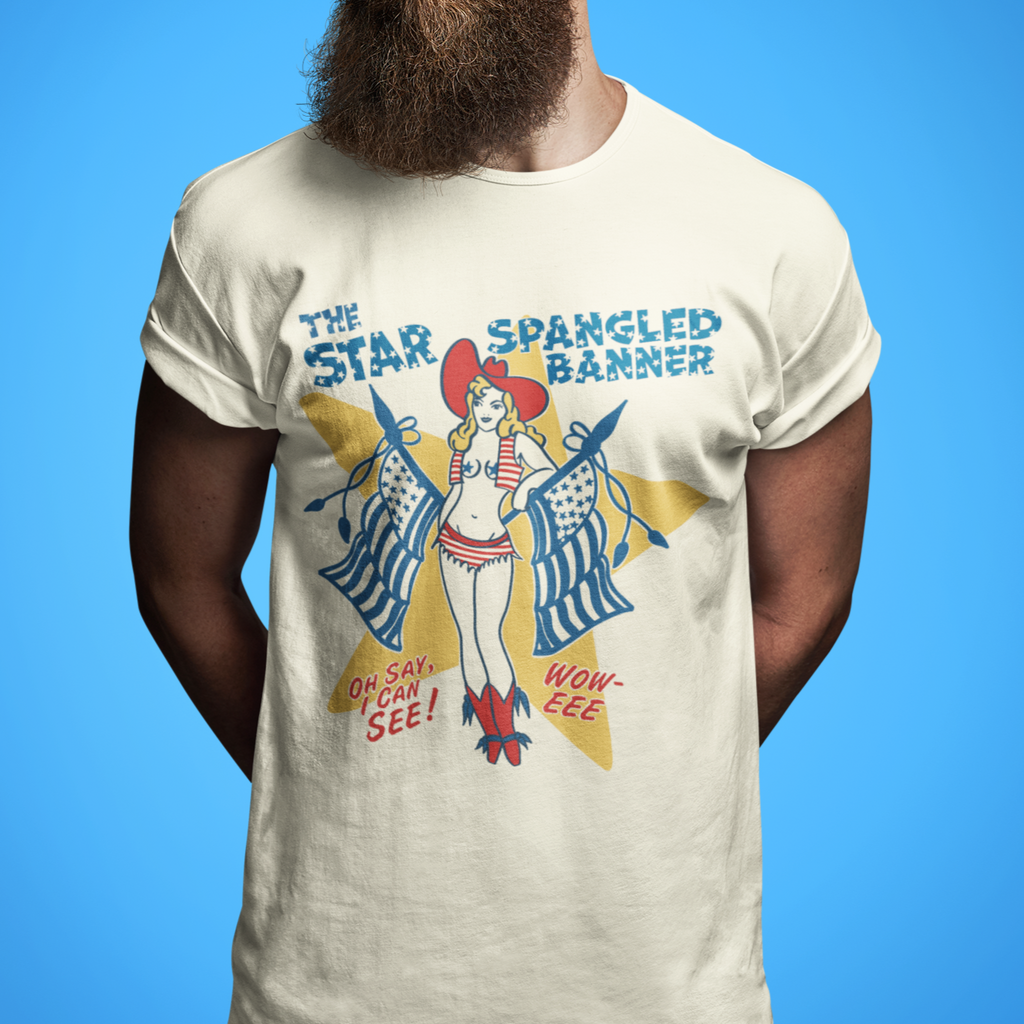 Star Spangled Banner Cowgirl Pinup Woweee Unisex Men's Premium Cream Cotton T-shirt in 2 Assorted Colors