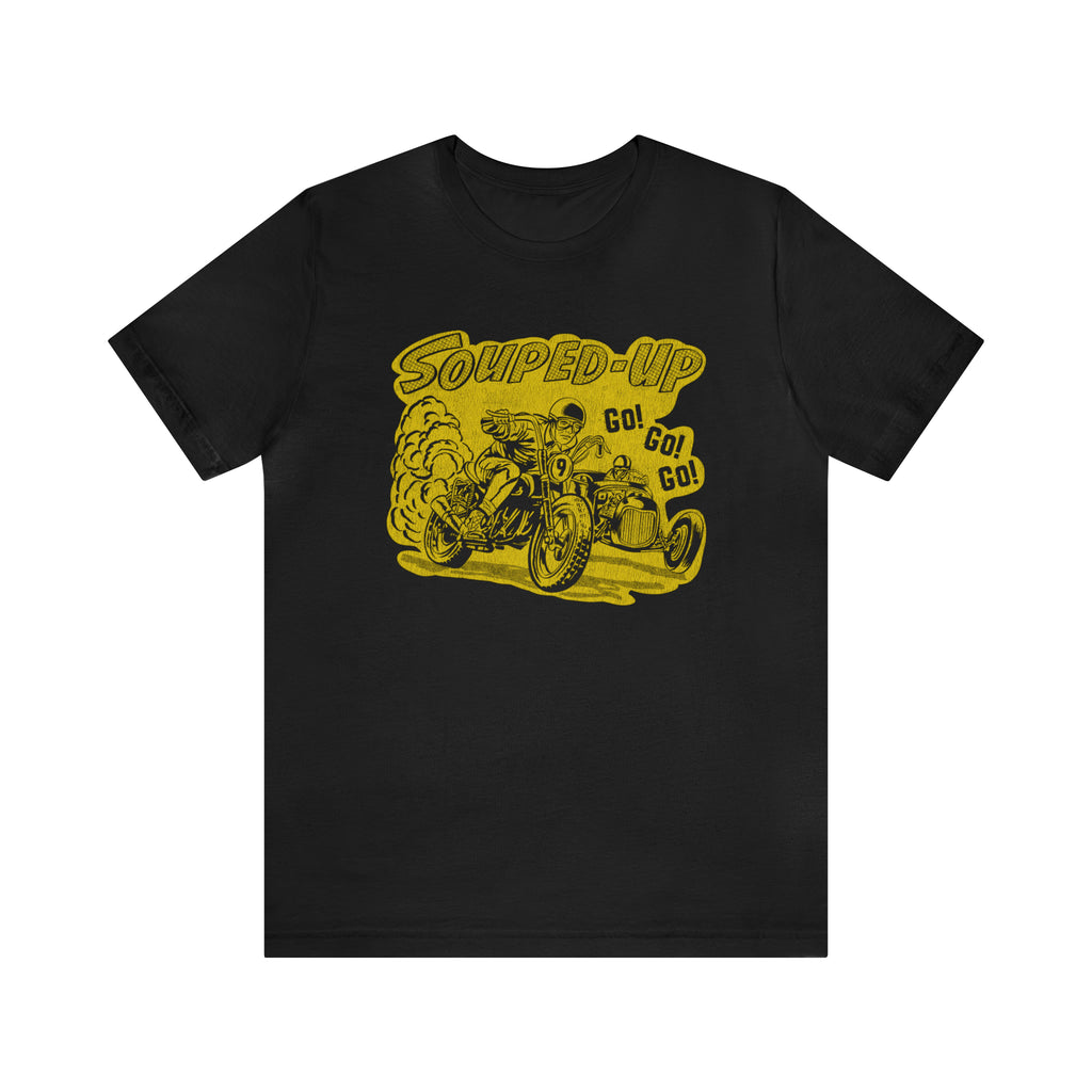Souped Up Hot Rod Distressed Design on a Men's Premium Cotton T-shirt in 5 Dark Assorted Colors Black