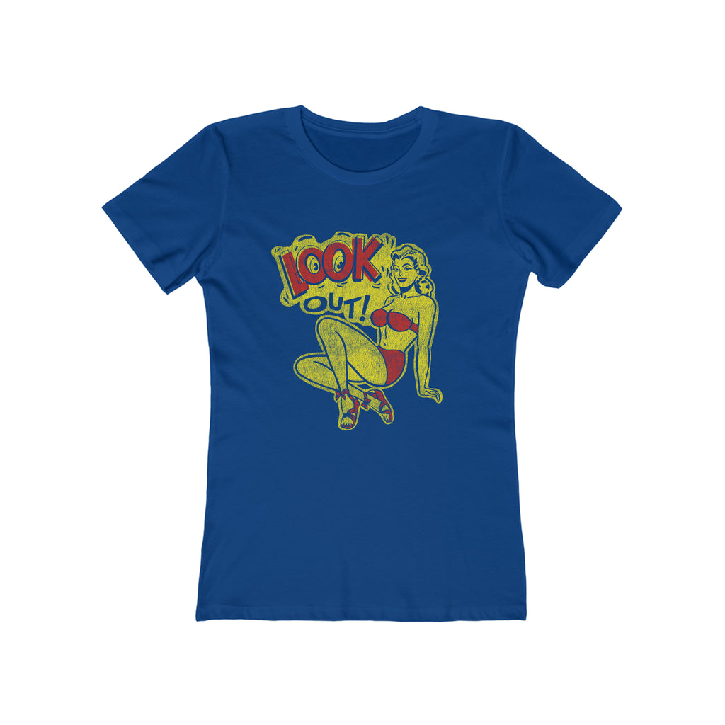 Look Out! Pinup Ladies T-shirt Premium Cream Cotton in 4 Assorted Dark Distressed Colors Solid Royal