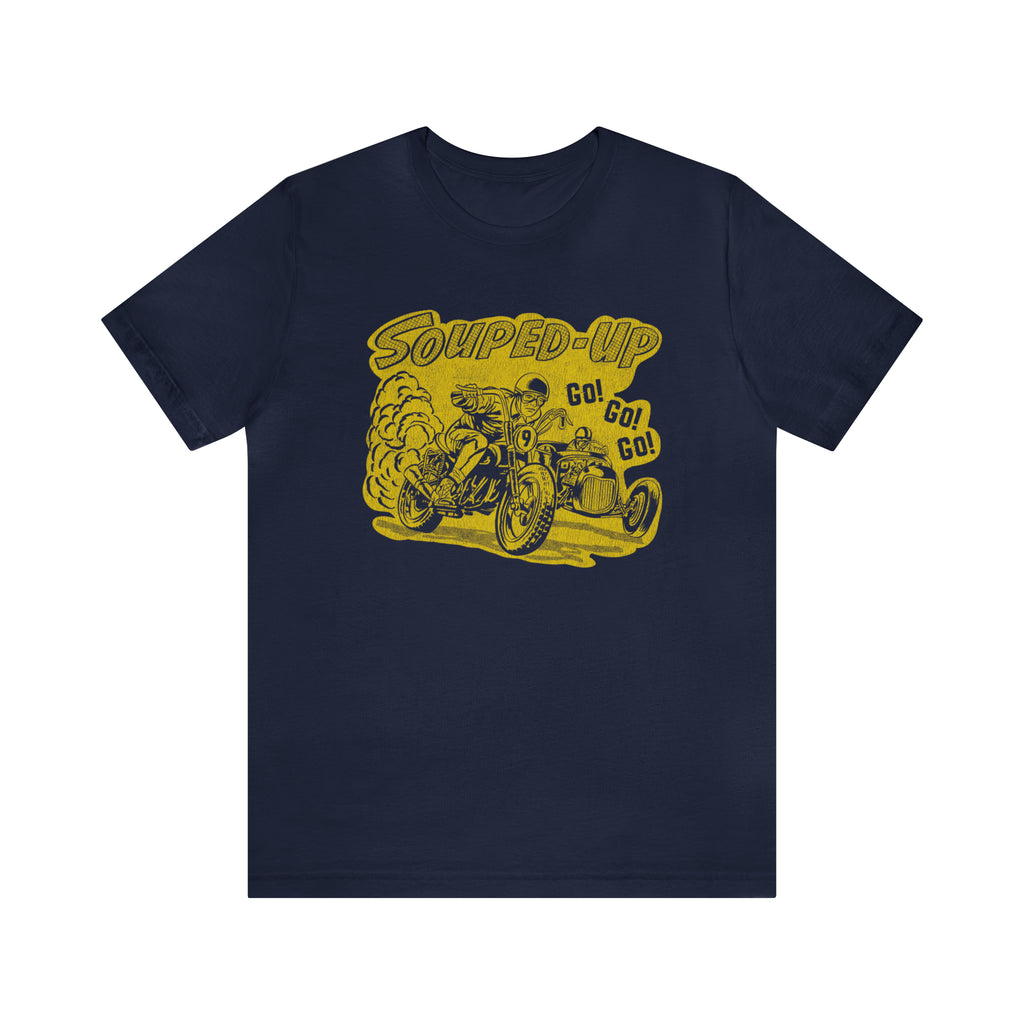 Souped Up Hot Rod Distressed Design on a Men's Premium Cotton T-shirt in 5 Dark Assorted Colors Navy