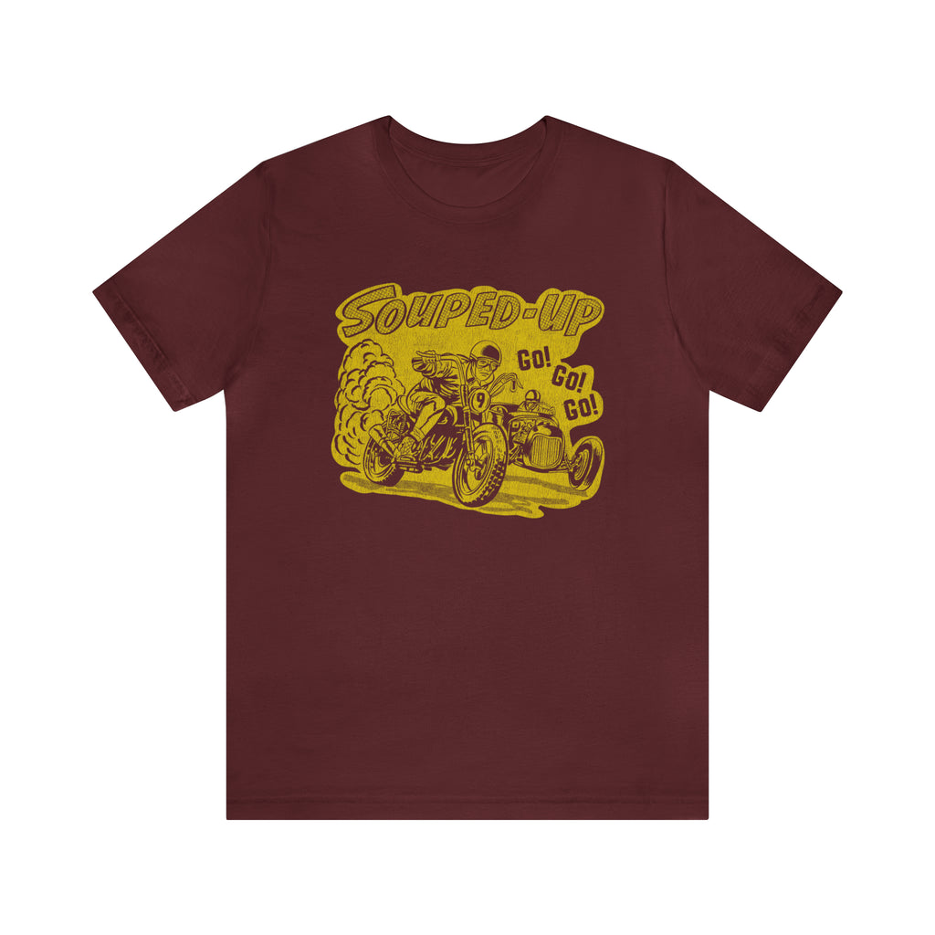 Souped Up Hot Rod Distressed Design on a Men's Premium Cotton T-shirt in 5 Dark Assorted Colors Maroon