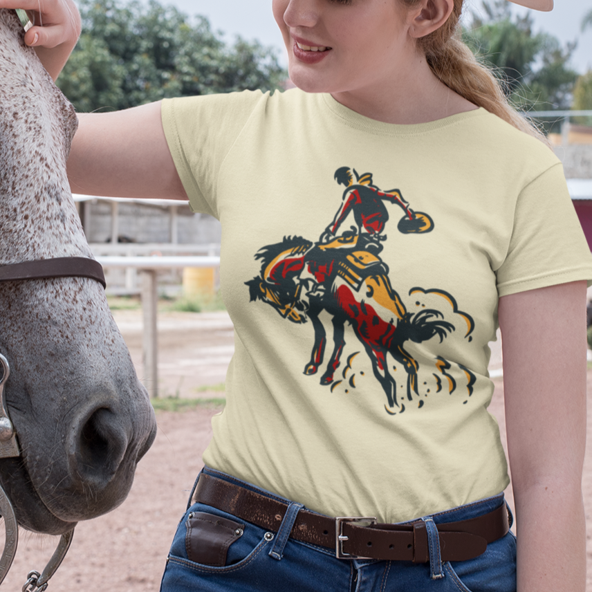 Western Bucking Bronco Cowboy Ladies Cream T-shirt