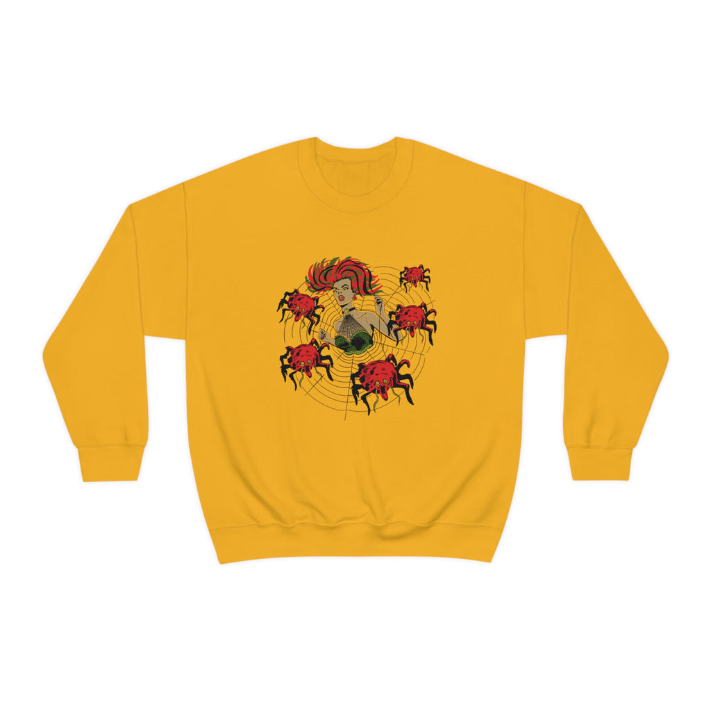 Vintage Horror Pinup Spider Web Queen Retro Halloween Crewneck Women's Sweatshirt Gold