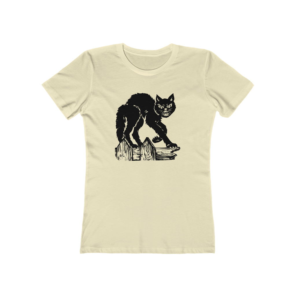 Vintage Halloween 1950s Scaredy Black Cat on a Fence Retro Women's T-shirt in 6 Assorted Colors Solid Natural