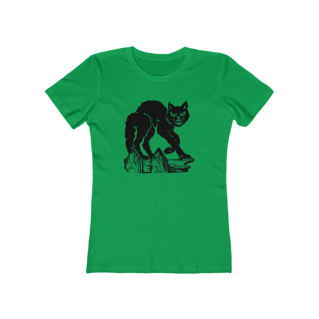 Vintage Halloween 1950s Scaredy Black Cat on a Fence Retro Women's T-shirt in 6 Assorted Colors Solid Kelly Green
