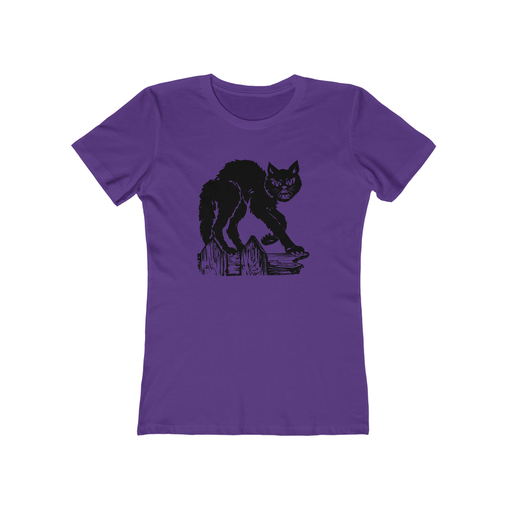 Vintage Halloween 1950s Scaredy Black Cat on a Fence Retro Women's T-shirt in 6 Assorted Colors Solid Purple Rush