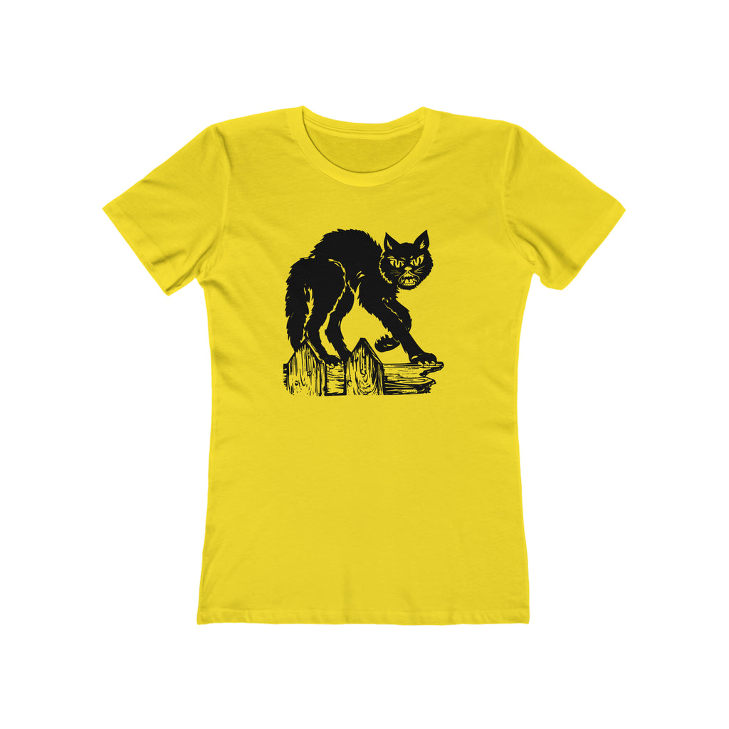 Vintage Halloween 1950s Scaredy Black Cat on a Fence Retro Women's T-shirt in 6 Assorted Colors Solid Vibrant Yellow