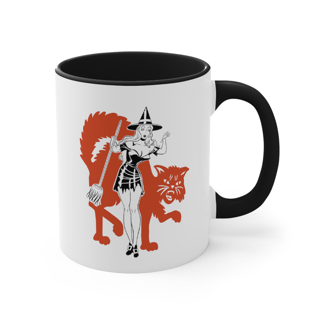 Retro Classic Halloween Pinup Witch Black Accent White Ceramic Coffee Mug, 11oz. ,