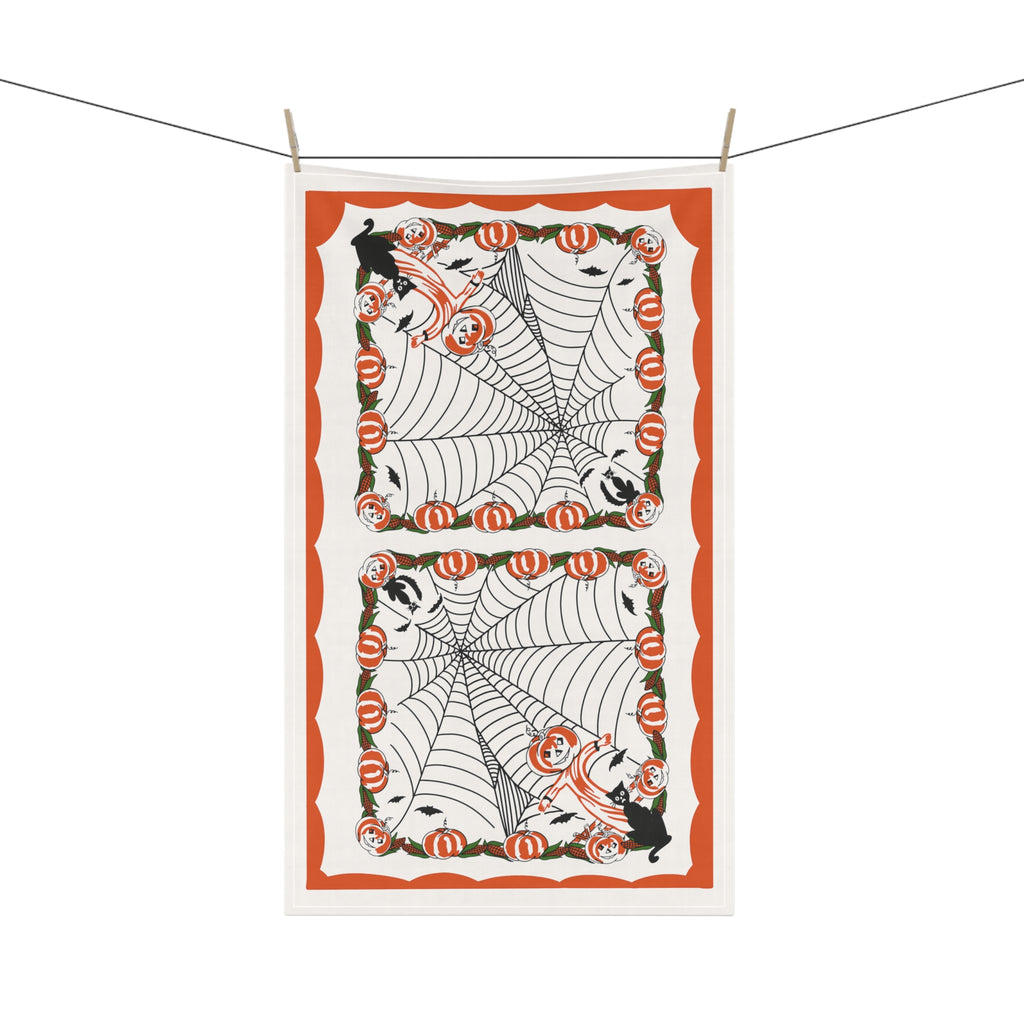 Vintage Halloween Spider Web Pumpkin Patch Kitchen Tea Towel Cotton Twill 18" × 30"