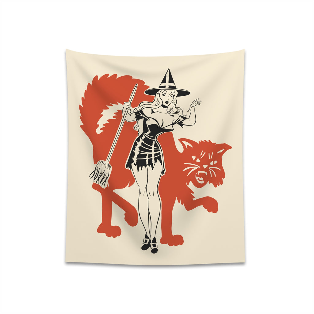 Classic Halloween Retro Pinup Witch Soft Cloth Wall Tapestry Indoor Halloween Decoration 34" × 40"