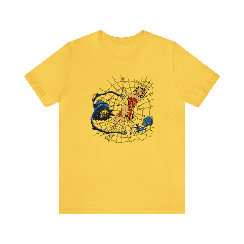 Classic Comic Book Pinup Killer Spider Web Retro Halloween Unisex T-shirt Yellow