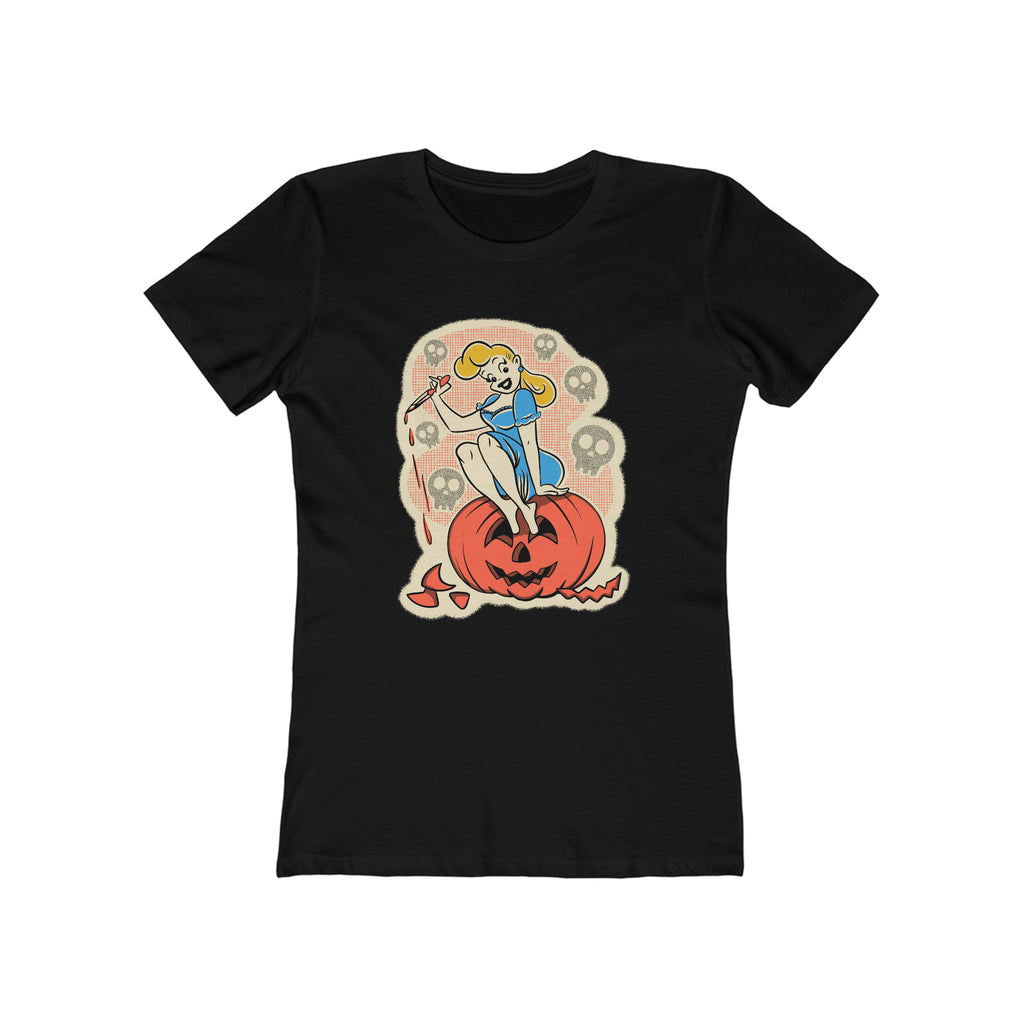 Classic Halloween Pinup Pumpkin Carver Vintage 1950s Crewneck Women's T-shirt Solid Black