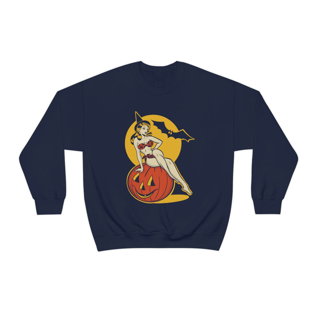 Classic Halloween Pinup Pumpkin Vintage1950s Crewneck Sweatshirt Navy