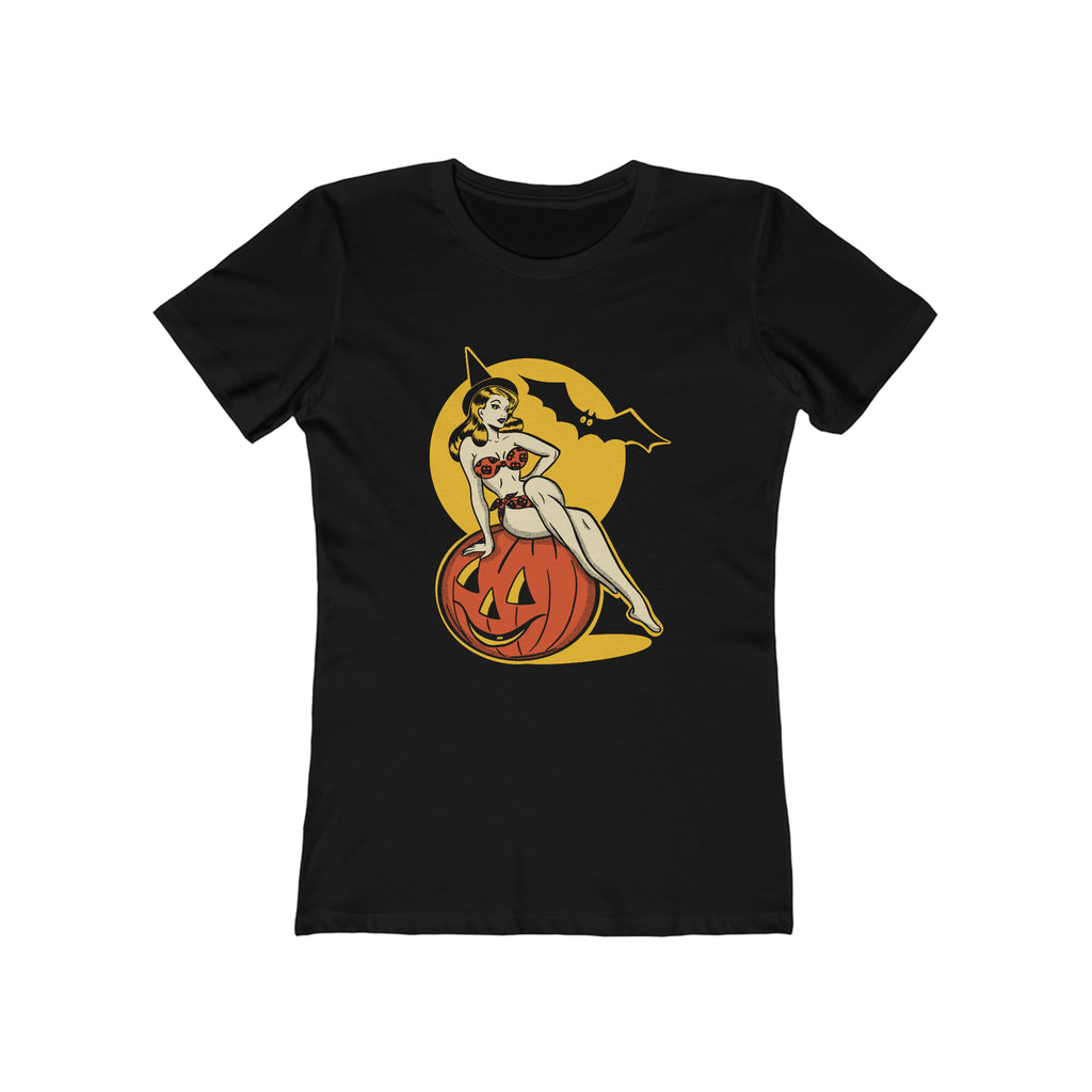 Classic Halloween Pinup Pumpkin Vintage 1950s Crewneck Women's T-shirt Solid Black
