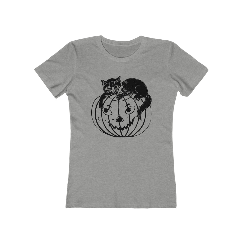 Vintage Halloween 1950s Black Cat Jack O' Lantern Retro Women's T-shirt in 6 Assorted Colors Heather Grey