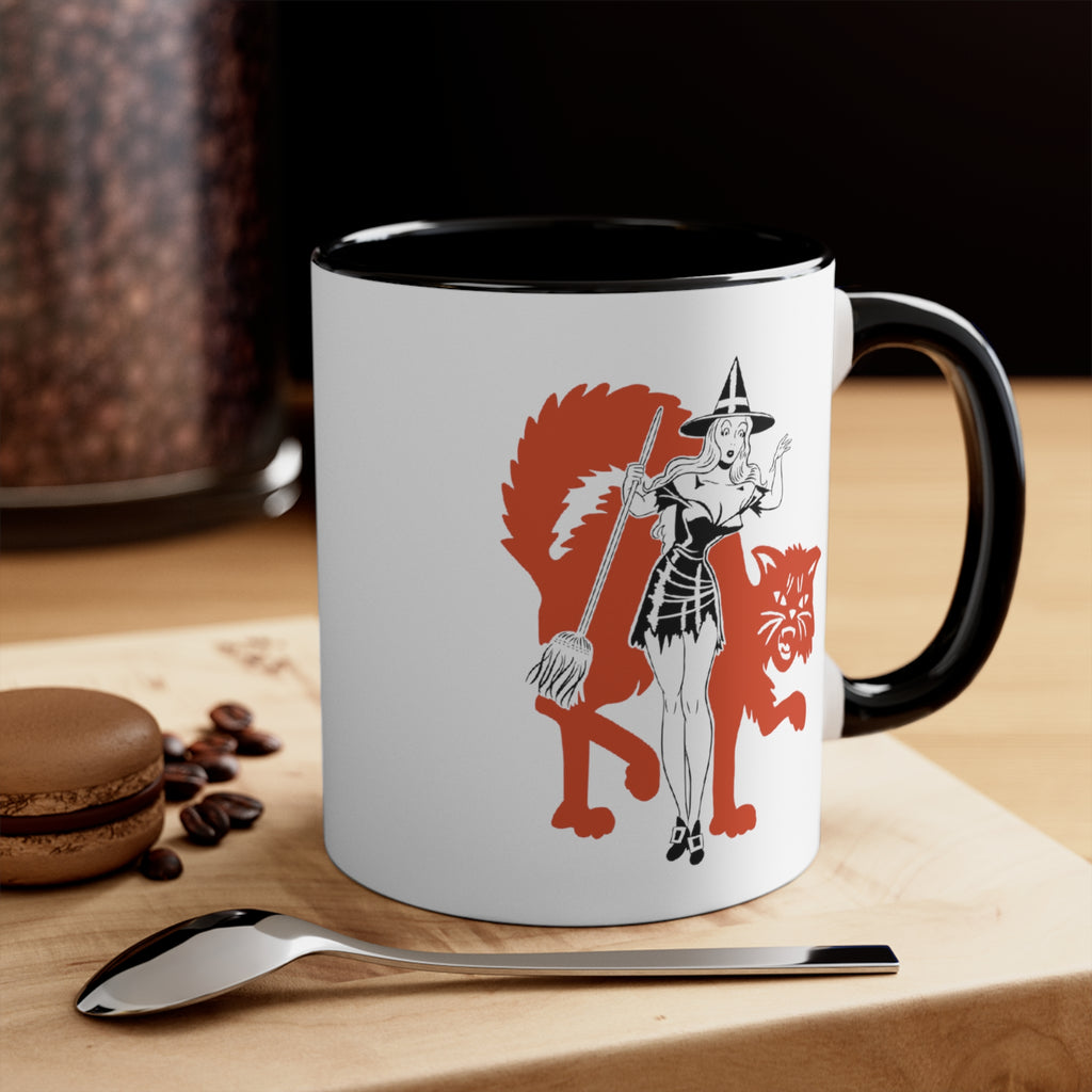 Retro Classic Halloween Pinup Witch Black Accent White Ceramic Coffee Mug, 11oz. ,