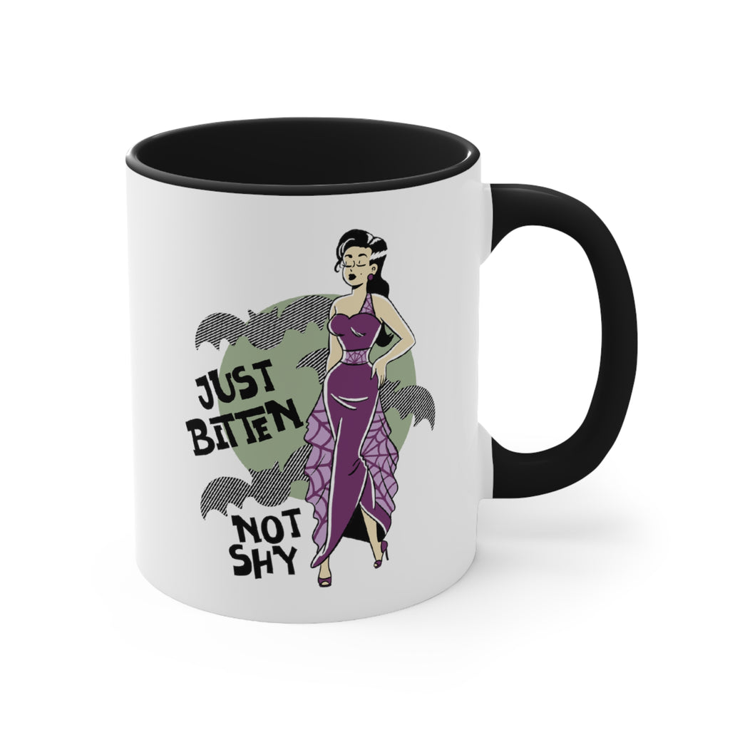 Just Bitten, Not Shy, Vampire Pinup Black Halloween Accent White Ceramic Coffee Mug, 11oz. ,
