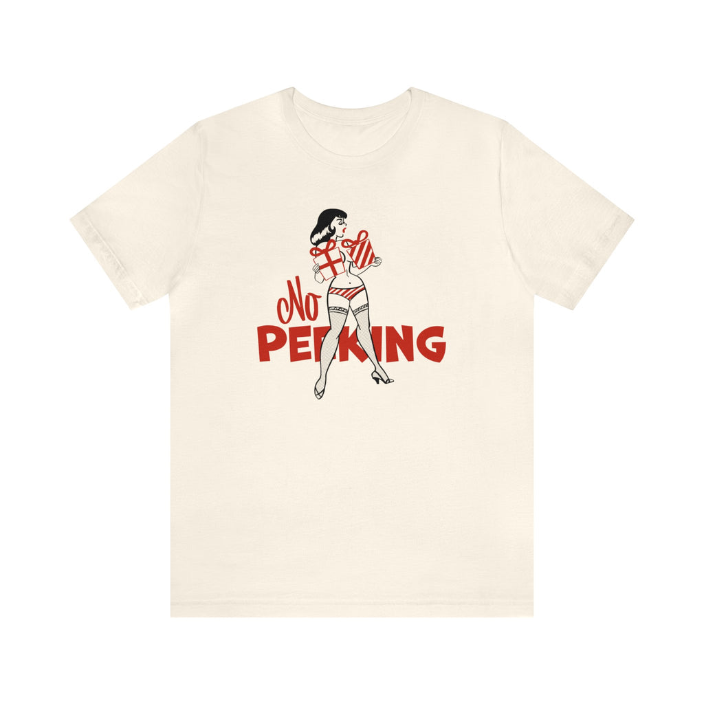 No Peeking - Pinup Christmas Mens Cream Cotton T-shirt Natural