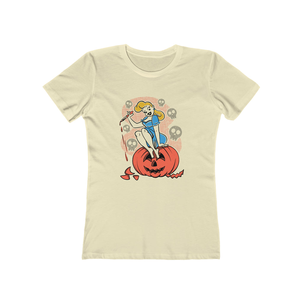 Classic Halloween Pinup Pumpkin Carver Vintage 1950s Crewneck Women's T-shirt Solid Natural