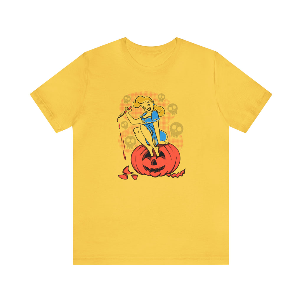 Classic Halloween Pinup Pumpkin Carver Retro Spooky Season Unisex T-shirt Yellow