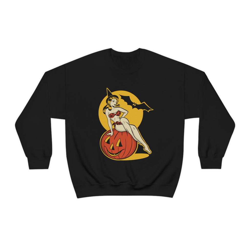 Classic Halloween Pinup Pumpkin Vintage1950s Crewneck Sweatshirt Black