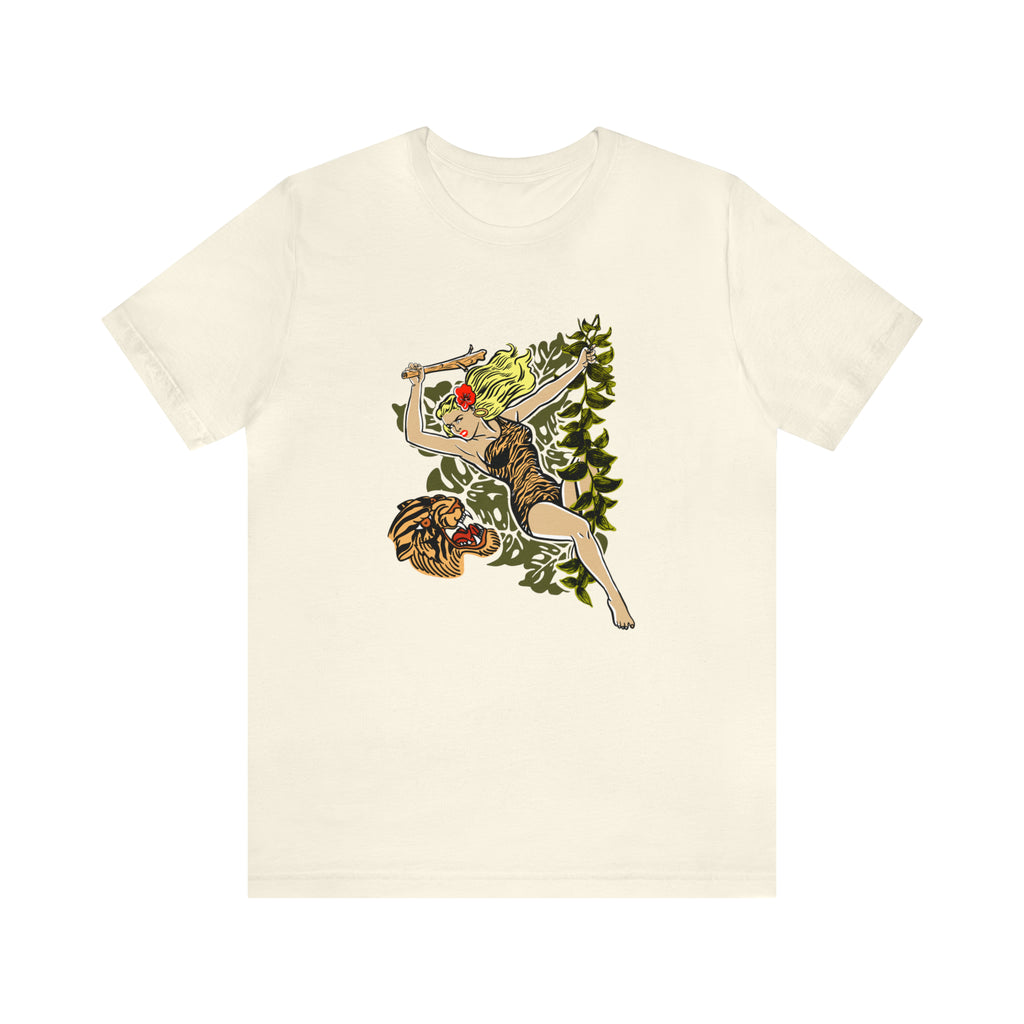 Jungle Woman Vine Swinging Vintage Pinup Premium Cotton Men’s T-shirt Natural