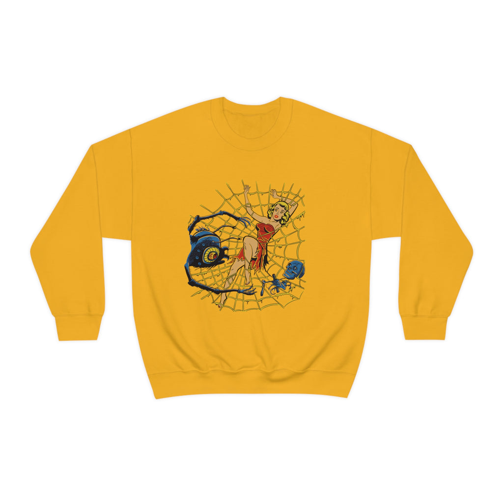 Vintage Horror Pinup Spider Web Retro Halloween Crewneck Sweatshirt Gold