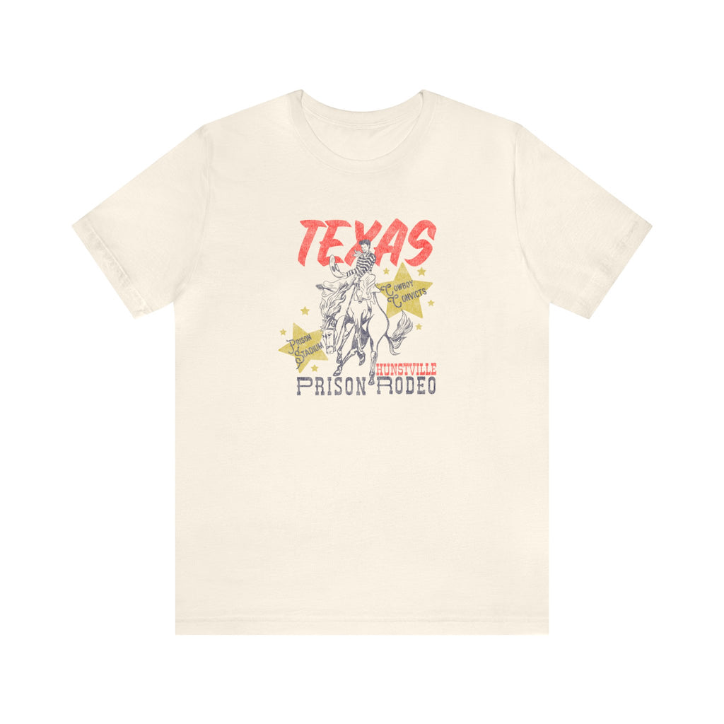 Retro Texas Prison Rodeo Distressed Print Men's Cream T-shirt Natural