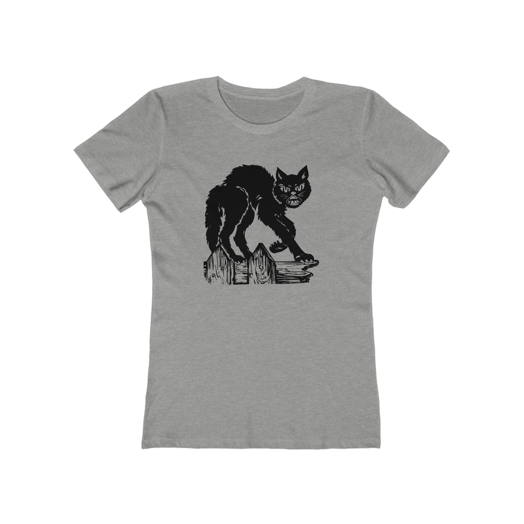Vintage Halloween 1950s Scaredy Black Cat on a Fence Retro Women's T-shirt in 6 Assorted Colors Heather Grey