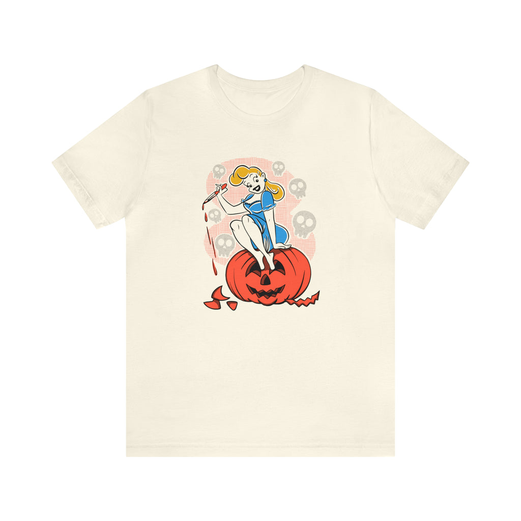 Classic Halloween Pinup Pumpkin Carver Retro Spooky Season Unisex T-shirt Natural