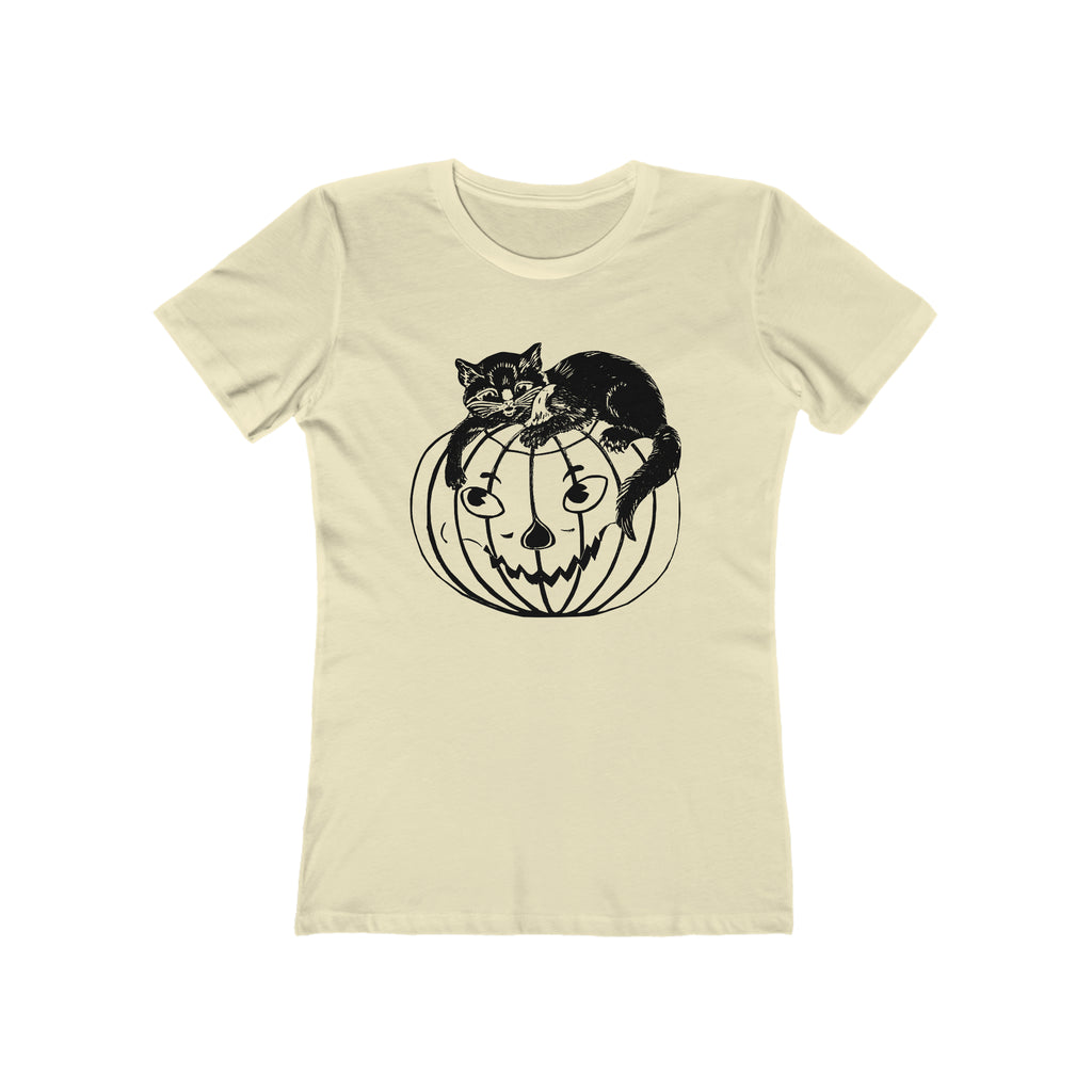 Vintage Halloween 1950s Black Cat Jack O' Lantern Retro Women's T-shirt in 6 Assorted Colors Solid Natural