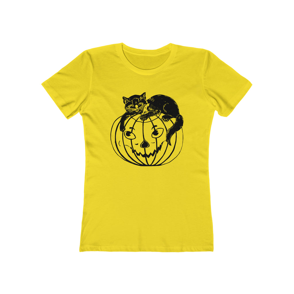 Vintage Halloween 1950s Black Cat Jack O' Lantern Retro Women's T-shirt in 6 Assorted Colors Solid Vibrant Yellow