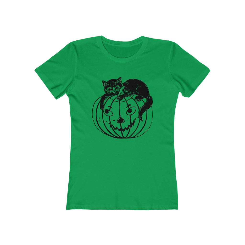 Vintage Halloween 1950s Black Cat Jack O' Lantern Retro Women's T-shirt in 6 Assorted Colors Solid Kelly Green