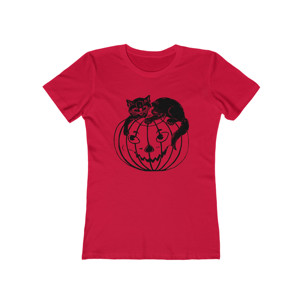 Vintage Halloween 1950s Black Cat Jack O' Lantern Retro Women's T-shirt in 6 Assorted Colors Solid Red
