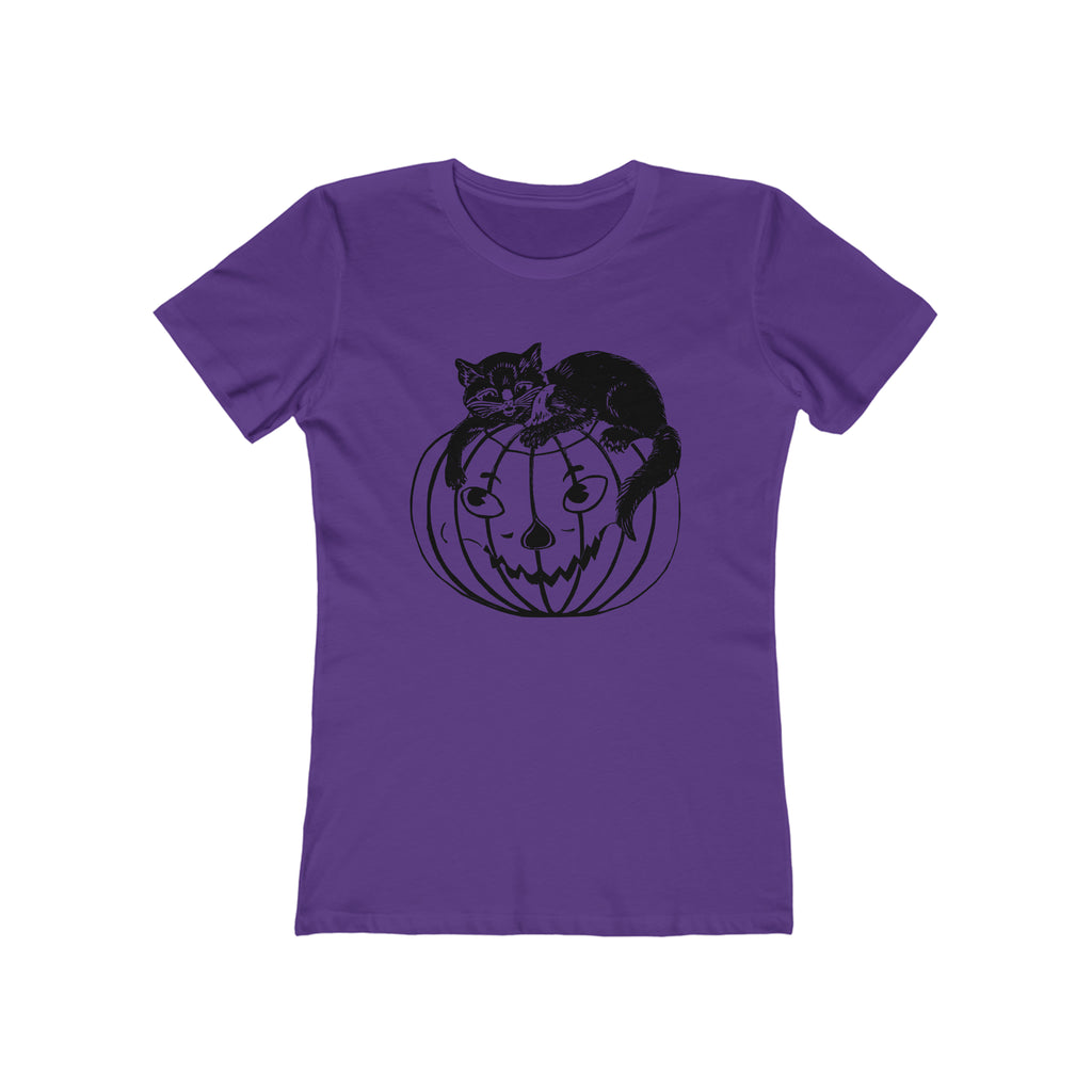 Vintage Halloween 1950s Black Cat Jack O' Lantern Retro Women's T-shirt in 6 Assorted Colors Solid Purple Rush