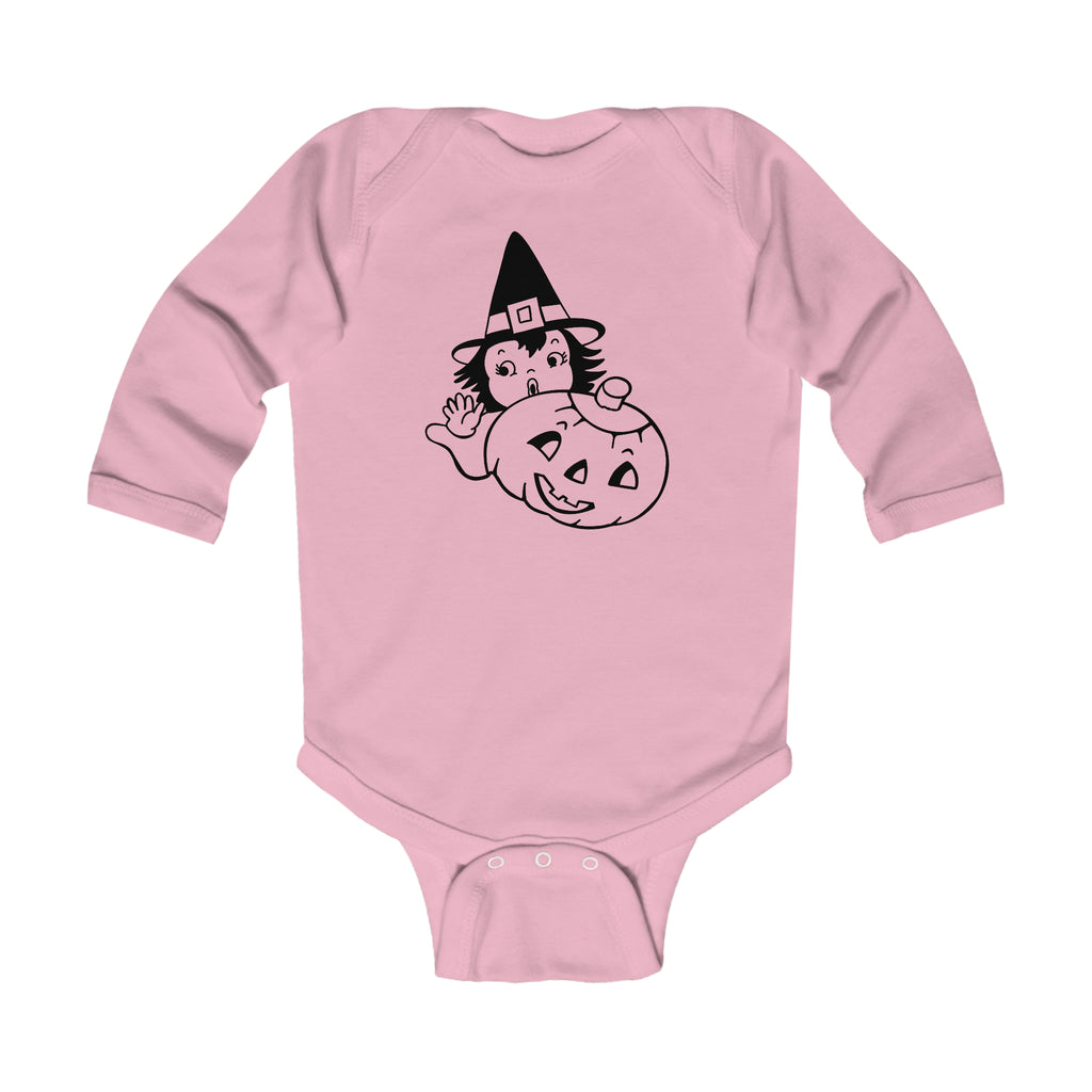 Little Witch Retro Long Sleeve Vintage Halloween Baby Bodysuit Pink