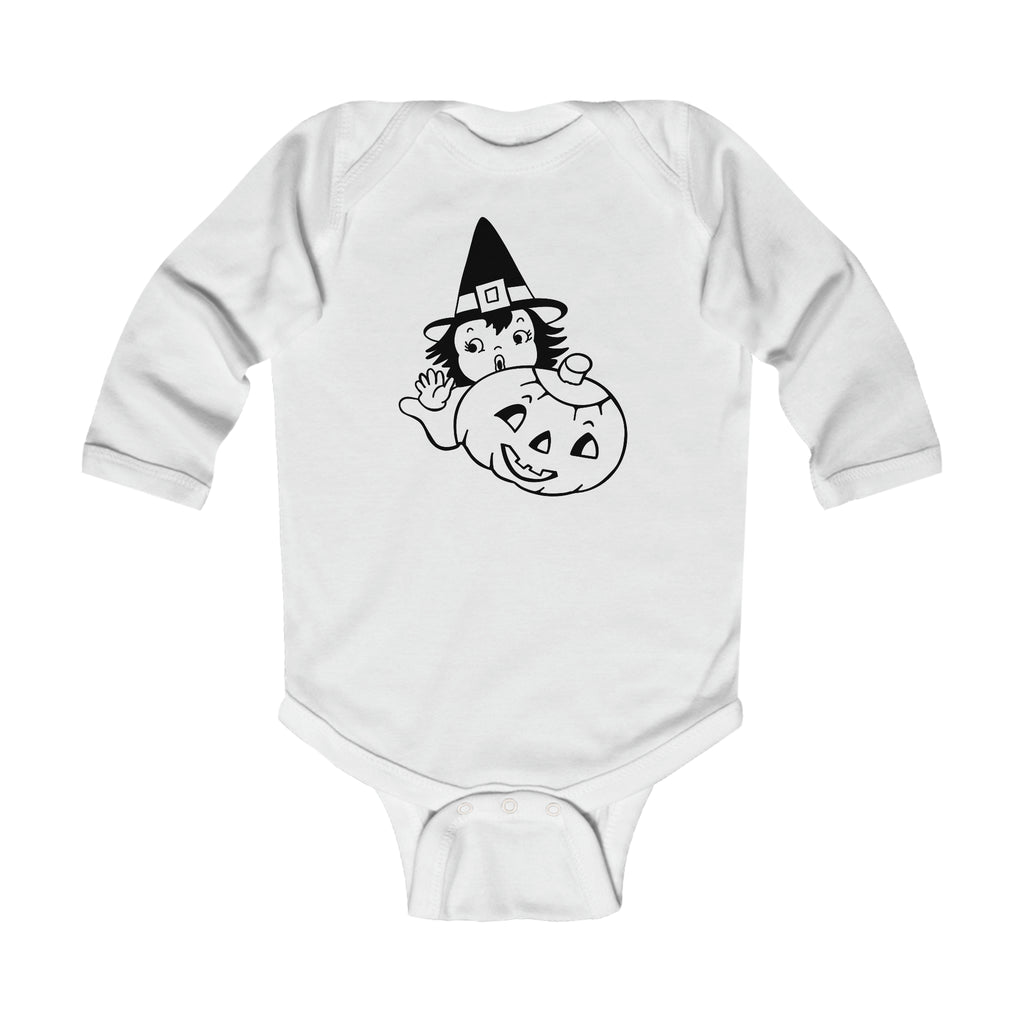 Little Witch Retro Long Sleeve Vintage Halloween Baby Bodysuit White