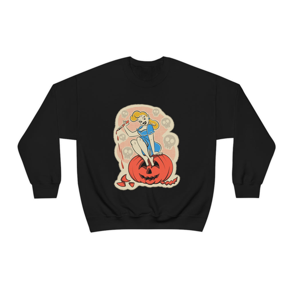 Classic Halloween Pinup Pumpkin Carver Vintage 1950s Crewneck Women's Sweatshirt Black